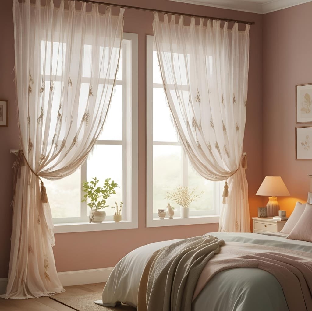 Light, airy cotton voile curtains with delicate embroidery, gently flowing in a sunlit bedroom with blush-colored walls and cozy decor.