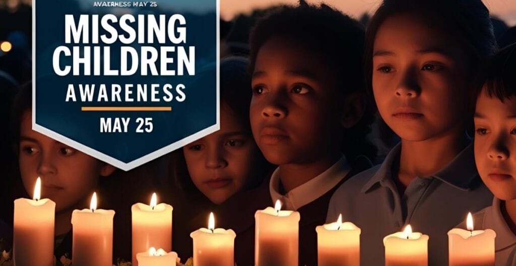 A group of children holding candles during a dusk or evening vigil, with a dark background and a solemn expression, overlaid with a banner that reads "Missing Children Awareness May 25."