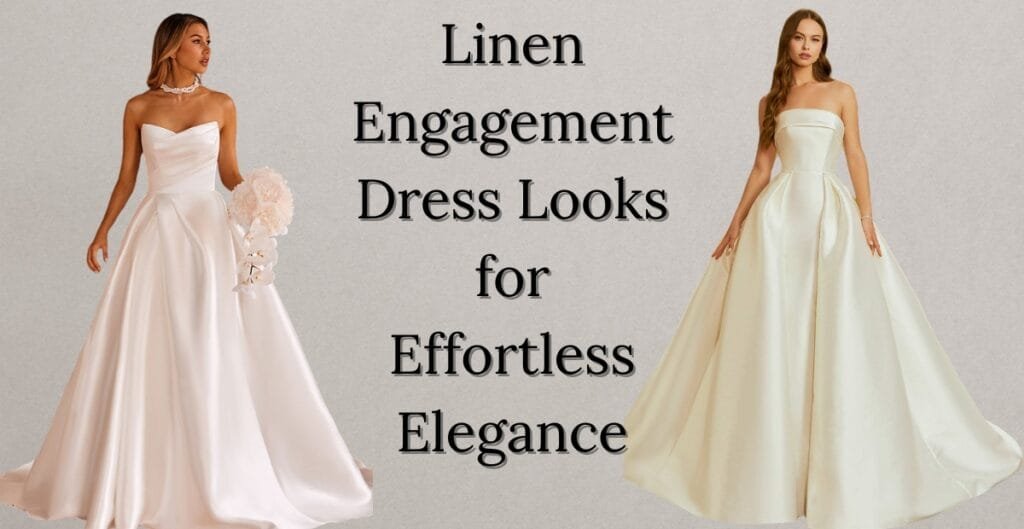 Two women wearing elegant linen wedding dresses standing against a neutral background. The left woman has a strapless, flowing gown with floral accessories, while the right woman wears a strapless, voluminous gown. Text in the center reads: "Linen Engagement Dress Looks for Effortless Elegance."