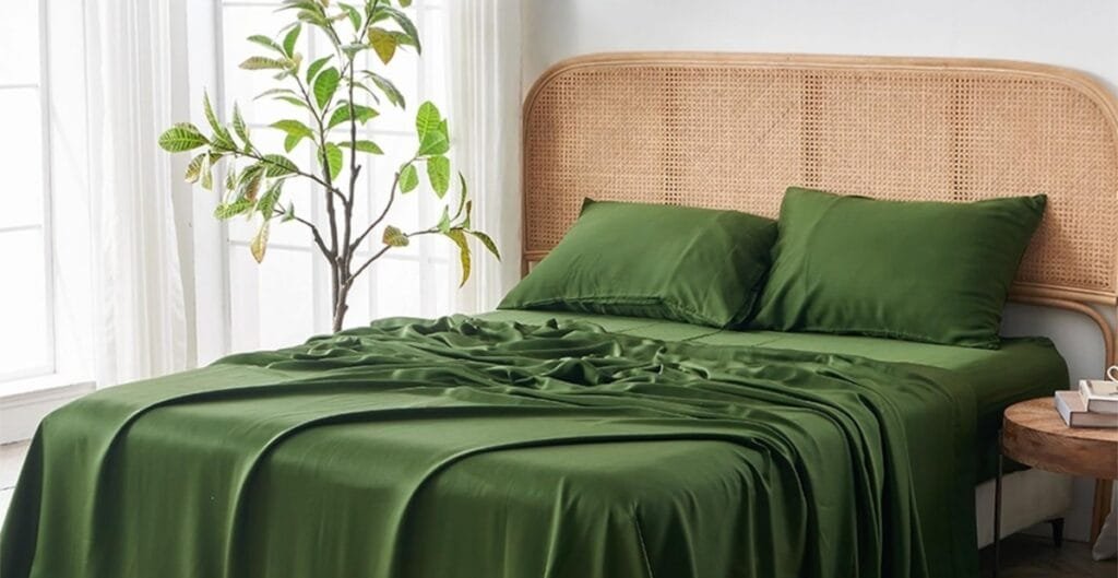 A neatly made bed with green satin sheets and matching pillows, set against a rattan headboard. To the left, a large indoor plant sits near a window with sheer white curtains, allowing natural light to fill the room. On the right, a small wooden bedside table holds a white telephone and a few books.