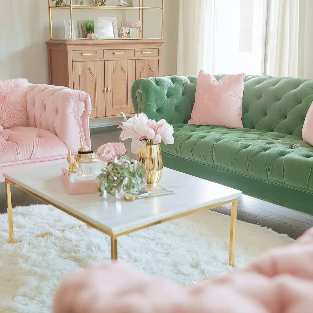 A pastel-colored living room featuring a pink tufted sofa, a green tufted sofa with pink pillows, a white coffee table with floral vases, and a light-colored shag rug.
