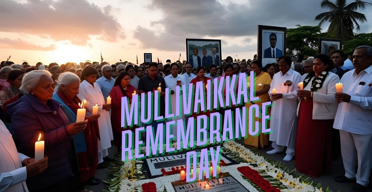 A large group of people holding candles in remembrance during Mullivaikkal Remembrance Day, with a sunset sky in the background and framed photographs in the distance.