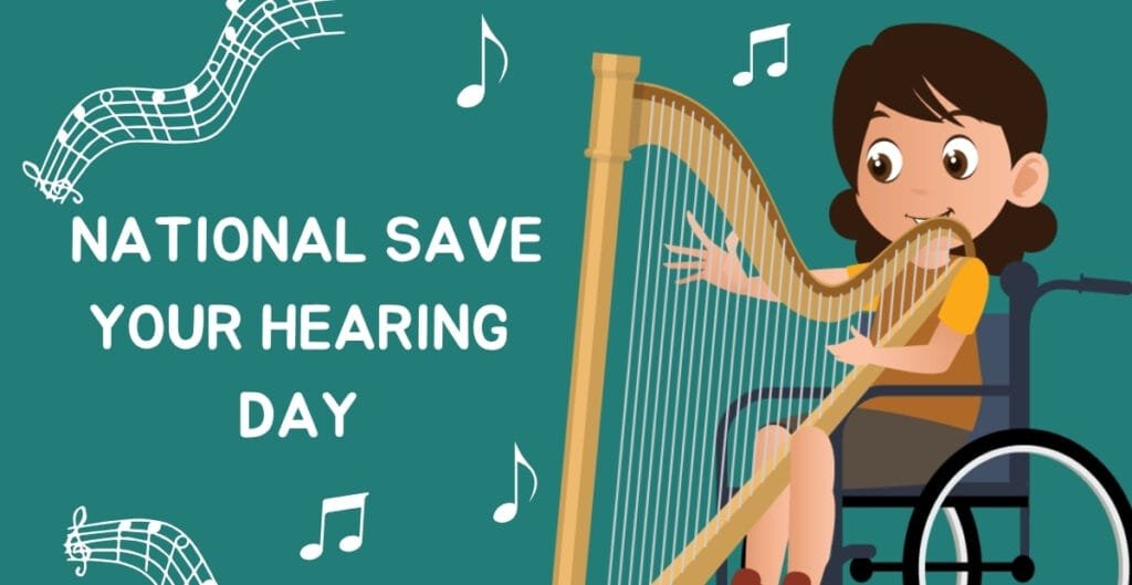 Illustration of an ear with a protective shield and sound waves, representing National Save Your Hearing Day on May 31.
