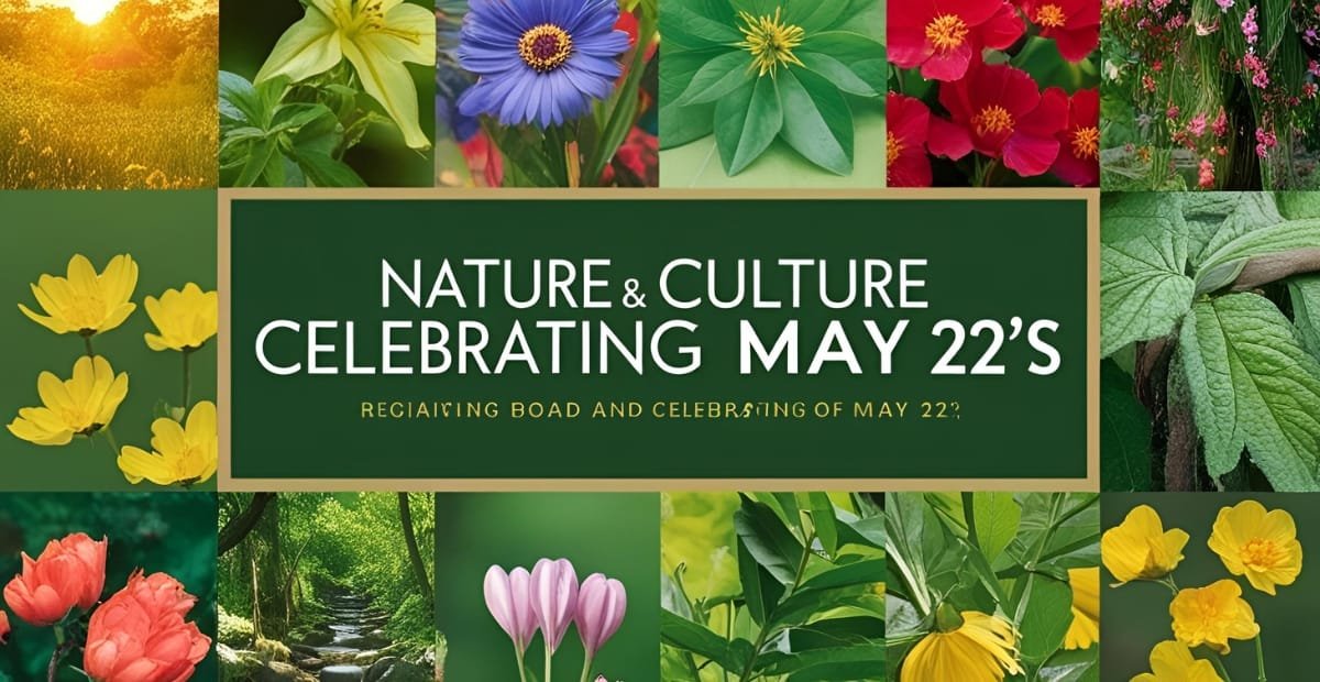 A vibrant collage of various colorful flowers and lush greenery surrounding a central green banner with white text promoting a celebration on May 22nd.