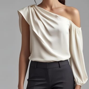 A woman wearing an elegant, ivory one-shoulder blouse with long sleeves, paired with tailored black slim pants, standing against a neutral background.