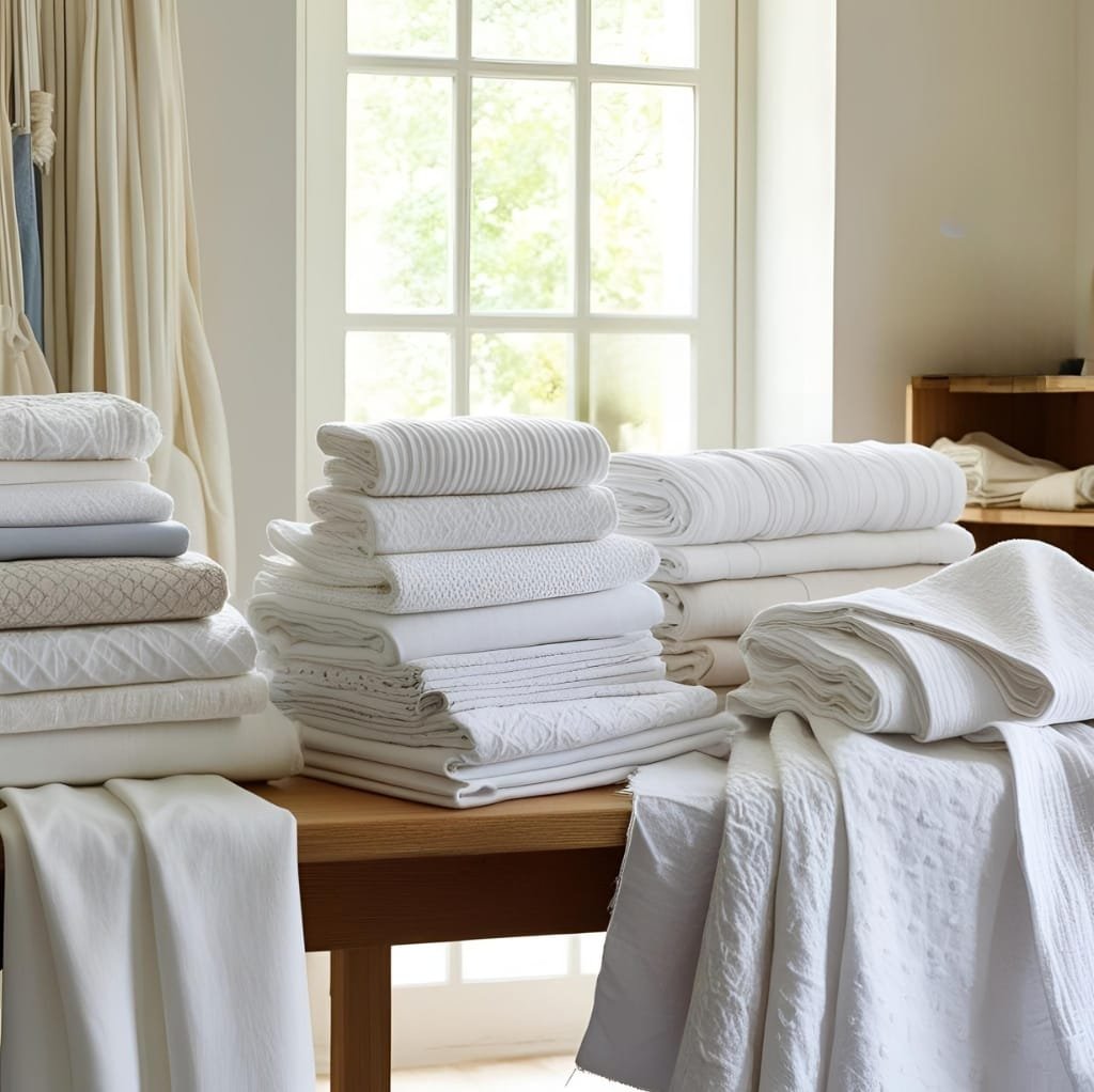A sunlit room with a wooden table covered in neatly folded white cotton fabrics, including towels, sheets, and linens, with a window in the background.