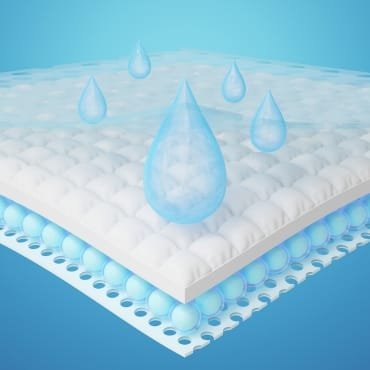 Illustration showing a layered fabric with water droplets, demonstrating how polyester traps sweat and heat.