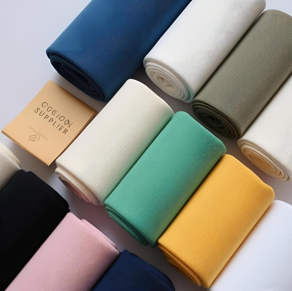 Multiple rolls of colorful cotton fabric neatly arranged on a white surface with a beige "Supplier" card.