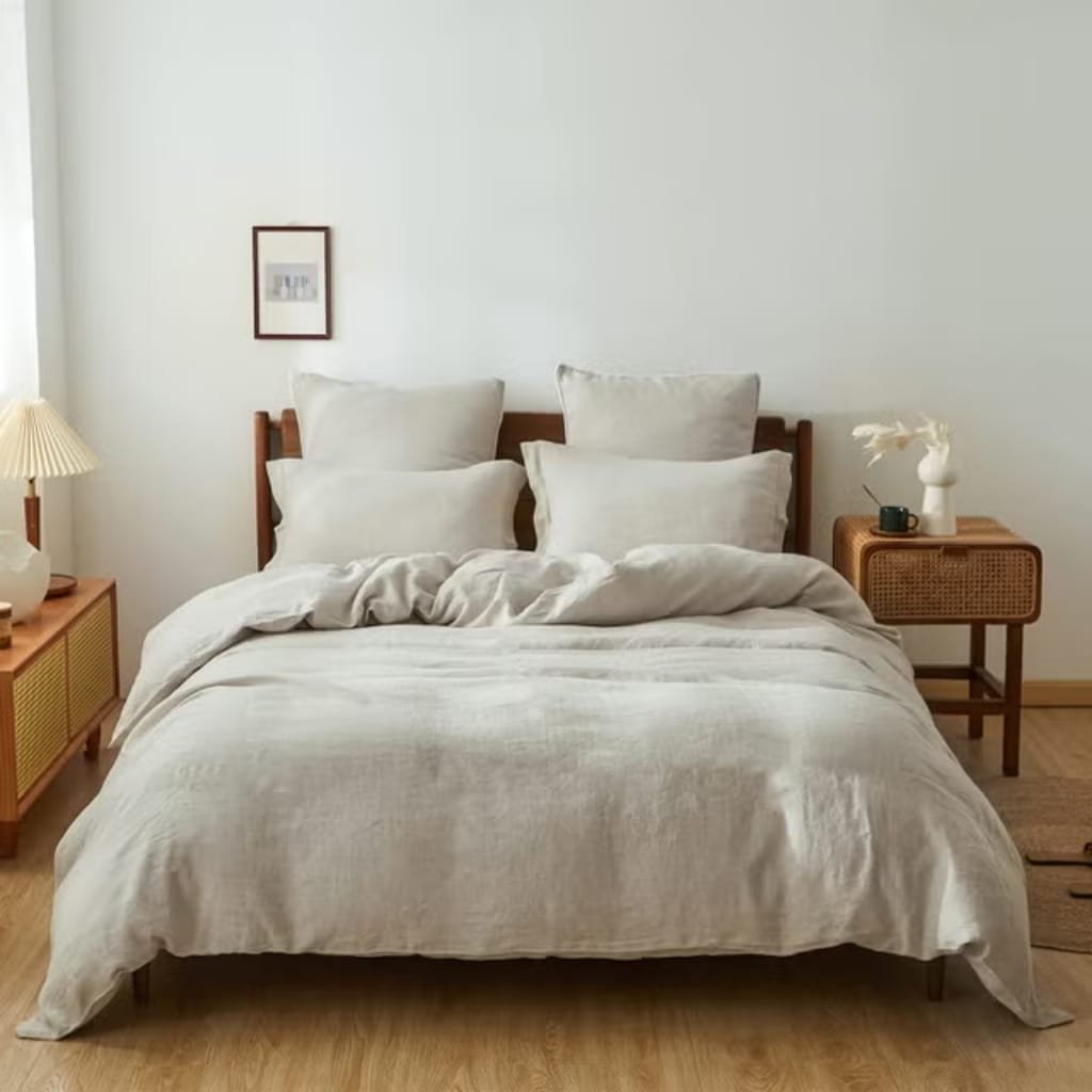 A cozy bedroom with a neatly made bed featuring cream-colored linens and multiple pillows, flanked by wooden nightstands. One nightstand has a lamp, and the other has a vase with dried flowers and a cup. A small framed picture hangs on the plain white wall above the bed, and a window with light curtains allows natural light into the room. The floor is wooden.