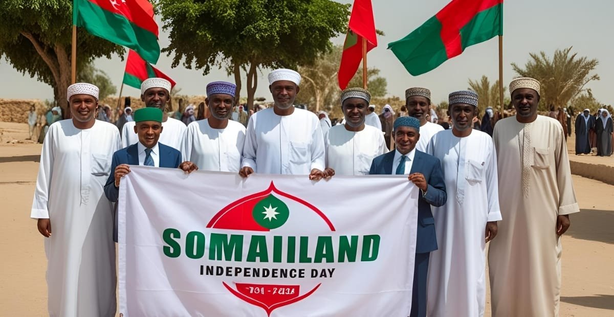A group of men smiling and holding a large Somali flag and a banner that says "SOMAILAND Independence Day," with some women and trees in the background.