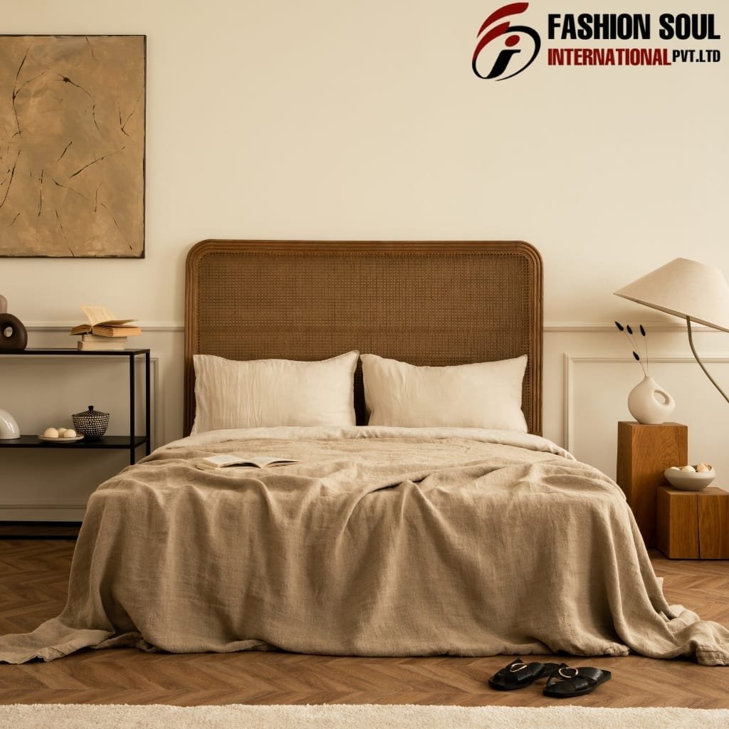 A cozy bedroom with a large bed featuring a woven rattan headboard, cream-colored pillows, and a beige linen bedspread. Beside the bed are modern wooden nightstands with decorative vases and a white contoured lampshade. A pair of black slippers is on the floor, and an open book is resting on the bed. On the wall above the bed, there is a piece of abstract artwork. In the top right corner, there is a logo for "Fashion Soul International Pvt. Ltd."