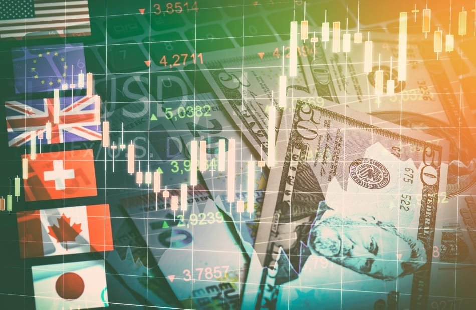 A composite image showing financial charts, US dollar bills, and flags of the United Kingdom, Switzerland, Canada, and Japan. The visual elements symbolize international trade and market fluctuations.