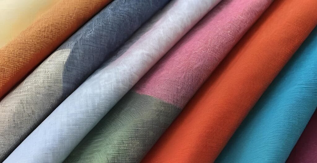 An assortment of colorful cotton fabrics, neatly rolled up in various shades including orange, gray, white, pink, green, and blue.