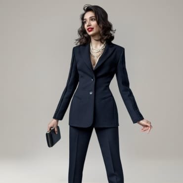 A fashionable woman standing confidently in a navy blazer made of polyester and tailored navy pants, holding a small clutch.