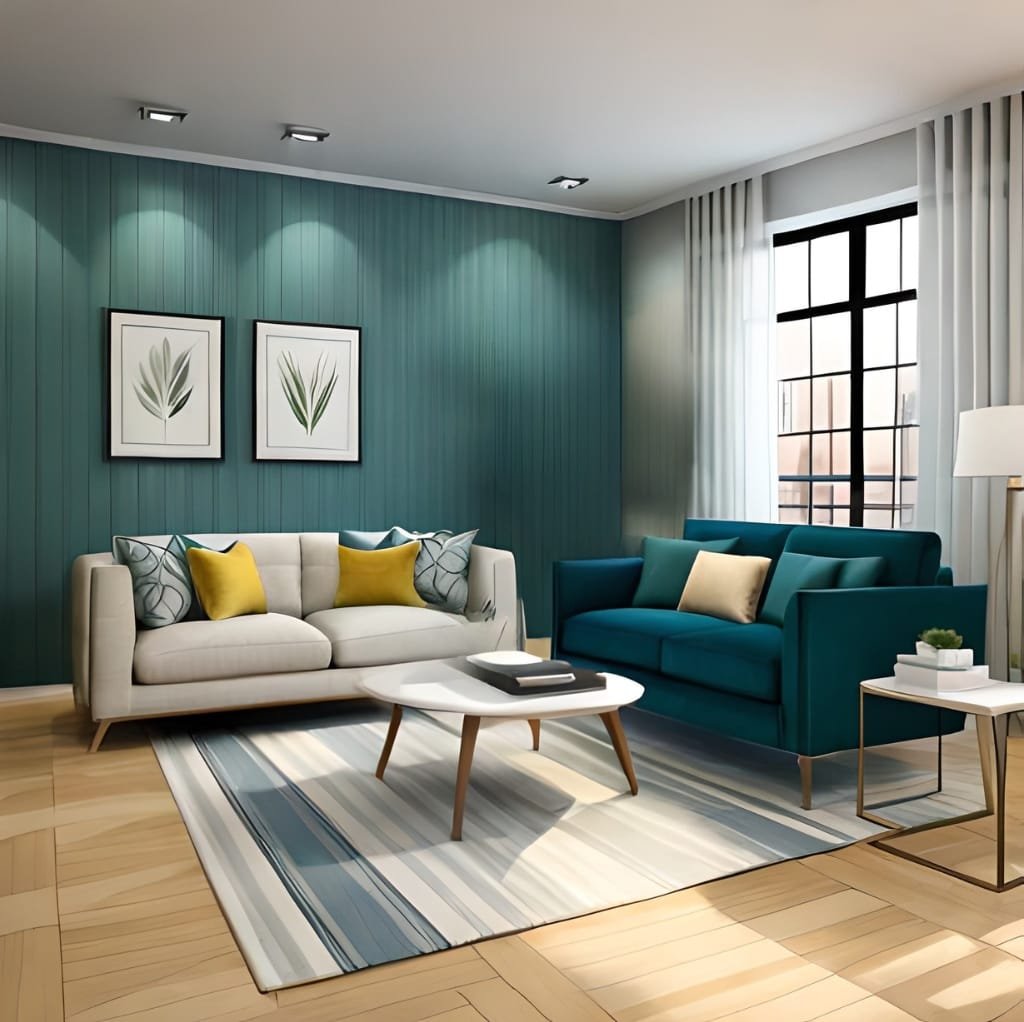 A stylish living room featuring a teal accent wall, cream and teal sofas with decorative pillows, a striped area rug, modern artwork, and a large window with sheer curtains.