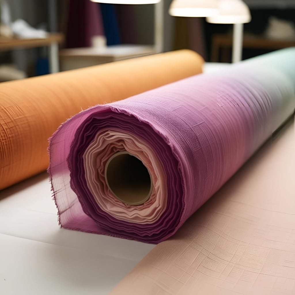 A large roll of voile cotton fabric in shades of pink, purple, and beige, lying on a flat surface in a well-lit room, with other fabric rolls and furniture in the background.