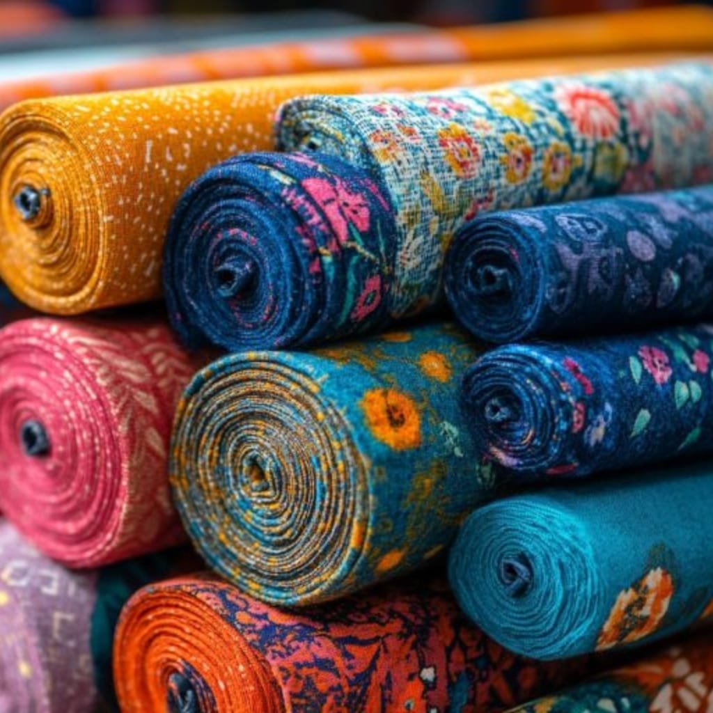 A mix of polycotton fabric samples with futuristic fashion designs highlighting sustainability and innovation.