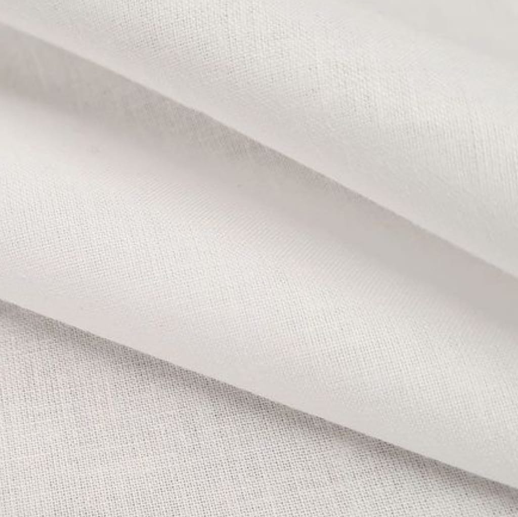 Close-up image of plain weave cotton fabric showing a tight, uniform weave pattern in a white color.