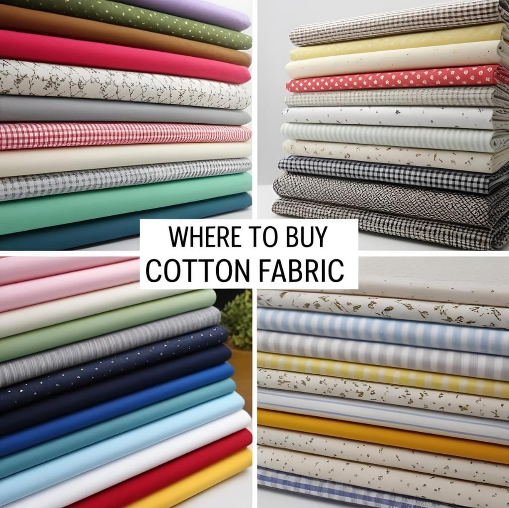 A collage of neatly folded cotton fabrics in various colors and patterns, with the text "WHERE TO BUY COTTON FABRIC" in the center.