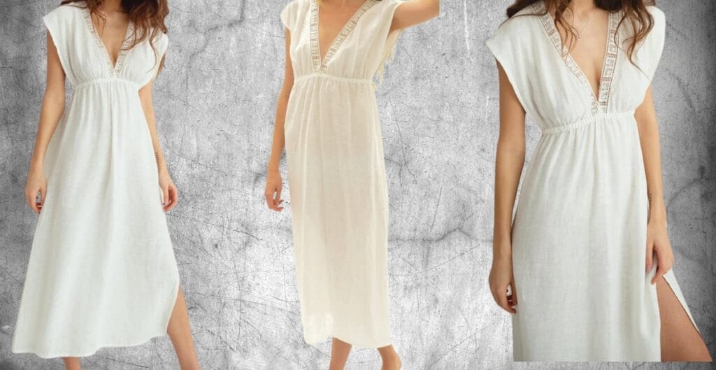 A woman is wearing a long, cream-colored dress with a deep V-neckline and short sleeves. She is shown from three different angles against a textured gray wall, with the dress featuring delicate lace or embroidery details around the neckline and a slit on the side.