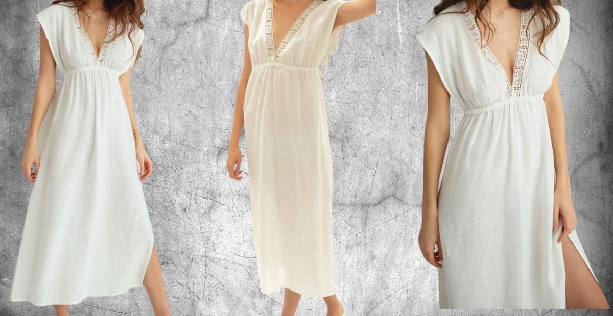 A woman is wearing a long, cream-colored dress with a deep V-neckline and short sleeves. She is shown from three different angles against a textured gray wall, with the dress featuring delicate lace or embroidery details around the neckline and a slit on the side.