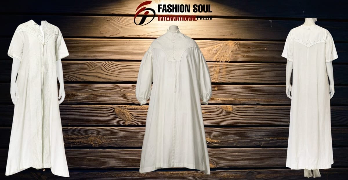Three traditional white dresses hang on a dark wooden background, with the center dress having a high collar and puffy long sleeves, and the dresses on the left and right featuring short sleeves and_more decorative yoke details. The top of the image has a logo and text that reads "Fashion Soul International."