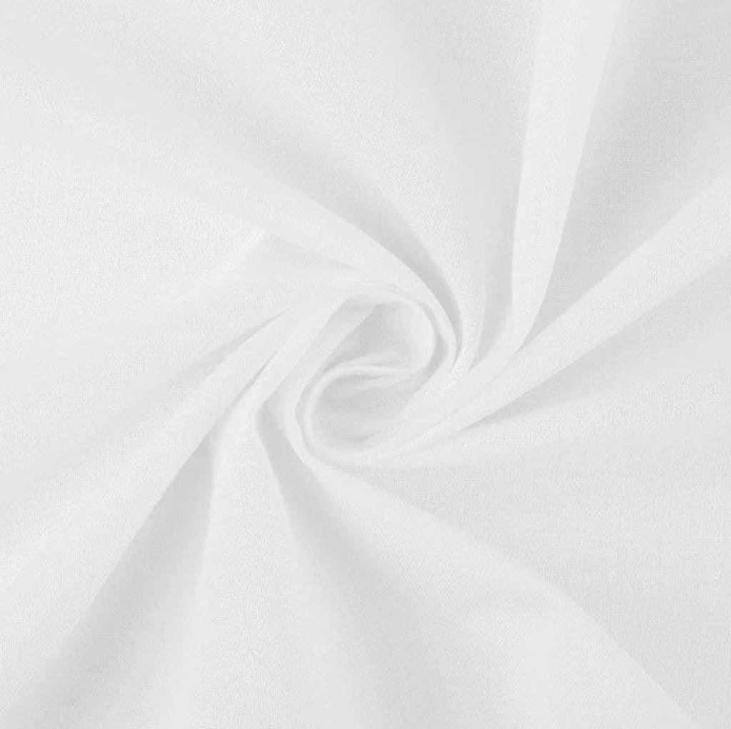 A soft, white cotton voile fabric draped in a delicate swirled pattern, showcasing its lightweight and airy texture.