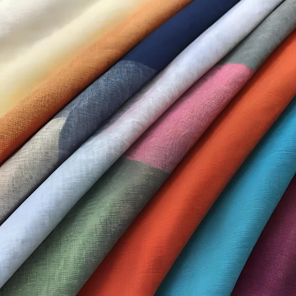 A close-up image of neatly rolled fabric in various colors including beige, navy, white, pink, orange, mint green, blue, and purple.