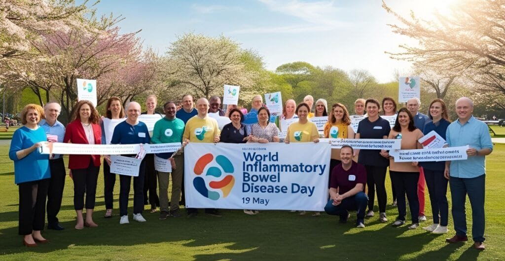 A diverse group of people gathered outdoors in a park with blossoming trees, holding a banner and signs promoting World Inflammatory Bowel Disease Day on 19 May.
