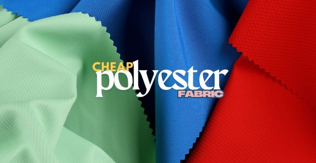 Close-up image of colorful polyester fabric swatches in green, blue, and red, showcasing the texture and weave of the material, suitable for blog about affordable polyester fabrics.