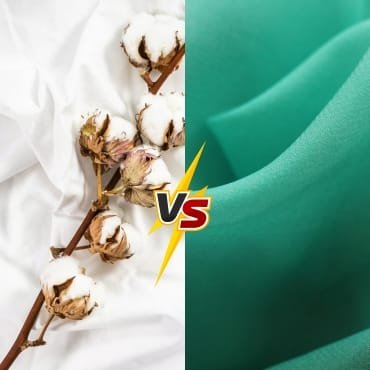 A comparison image showing a cotton fabric swatch and a polyester fabric swatch side by side.