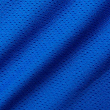 Close-up of blue polyester mesh fabric with small, evenly spaced holes.