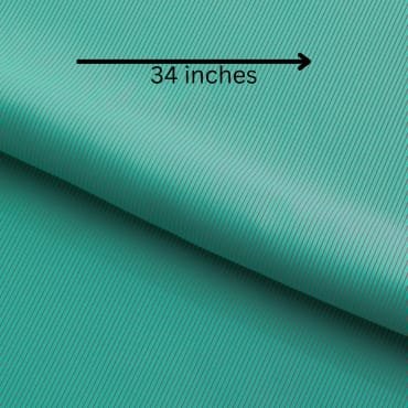  A close-up image of a teal-colored polyester fabric with fine vertical stripes and a label indicating the fabric measures 34 inches in width.