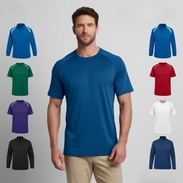 A man standing confidently, wearing a bright blue short-sleeved sports shirt, surrounded by various other color options displayed as smaller shirts in green, purple, black, white, red, and navy. The background is plain and light gray.
