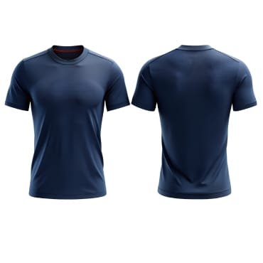 Front and back views of a navy blue activewear shirt made from breathable polyester mesh fabric.