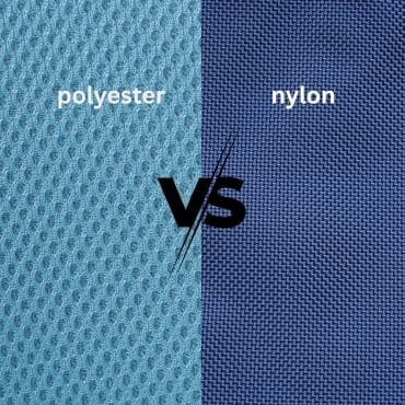 Close-up of two fabric swatches, one labeled "Polyester" and the other "Nylon," showing their textures side by side.