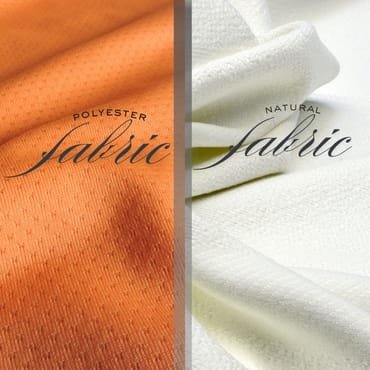 Close-up comparison of two fabrics, one labeled "Polyester" with a textured, shiny appearance on the left, and the other labeled "Natural" with a soft, matte finish on the right.