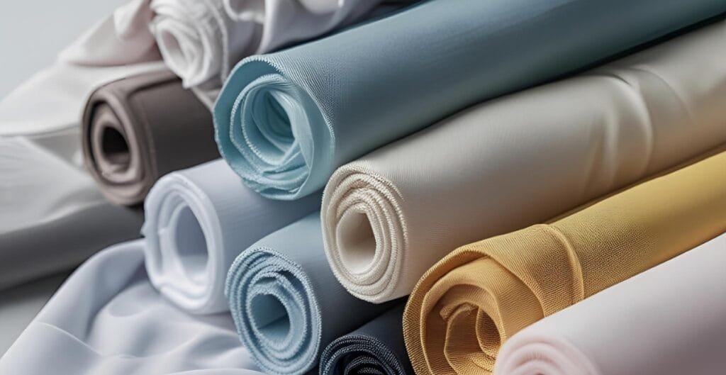 A close-up photo of neatly rolled rolls of polyester fabric in various pastel and neutral shades.