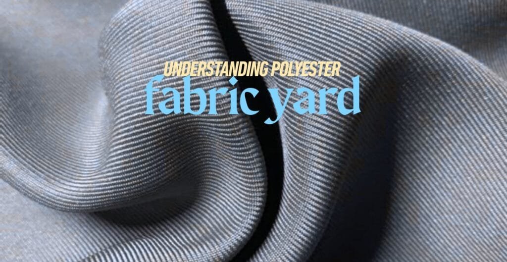 Close-up of a shiny, smooth polyester fabric with text overlay that reads "Understanding Polyester Fabric Yard and Best Uses in Various Projects."