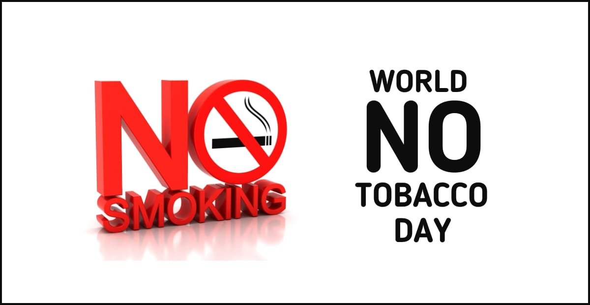 3D red “No Smoking” symbol with a crossed-out cigarette next to bold text reading “World No Tobacco Day.”