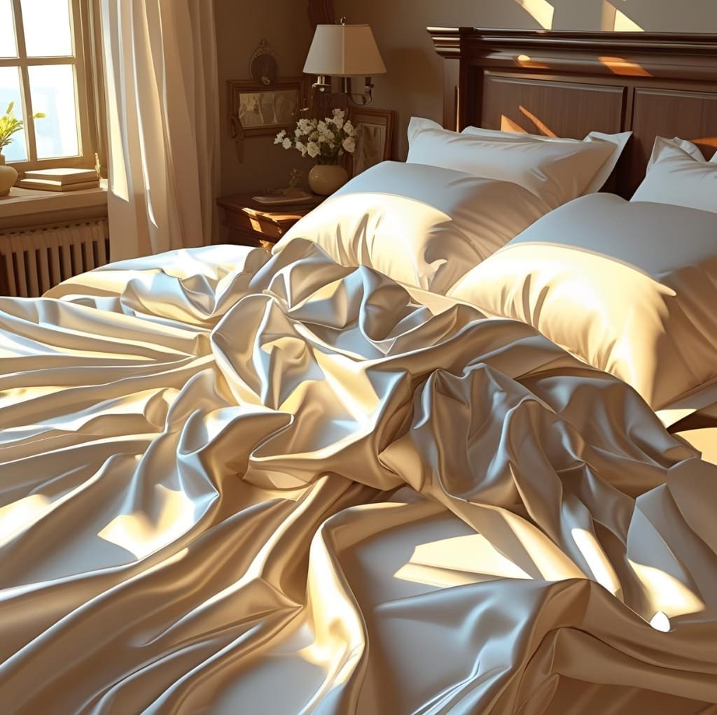 A luxurious, crumpled bed with silky satin weave cotton bedding, illuminated by warm sunlight streaming through a window, with a wooden headboard and a bedside table adorned with flowers and a lamp.