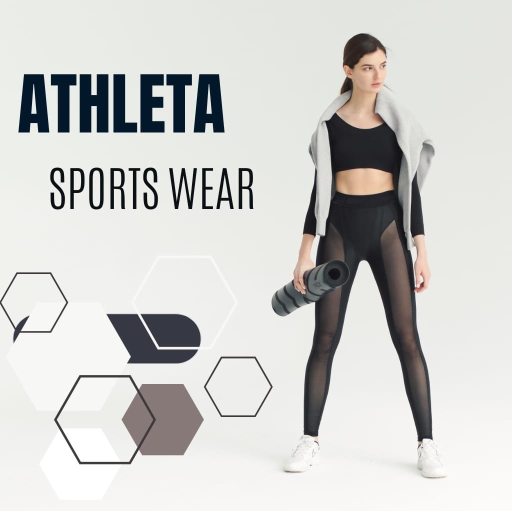 A young woman standing confidently in athleisure wear, holding a rolled yoga mat, wearing a black crop top, sheer black leggings with side stripe details, and a gray sweatshirt draped over her shoulders. The background is light gray with geometric hexagon patterns and the words "ATHLETA SPORTS WEAR."