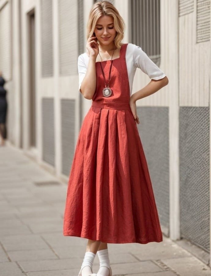 A woman standing on a city sidewalk wearing a long, red cotton pinafore dress layered over a white top. She has blonde hair, a pendant necklace, and white socks with white shoes.