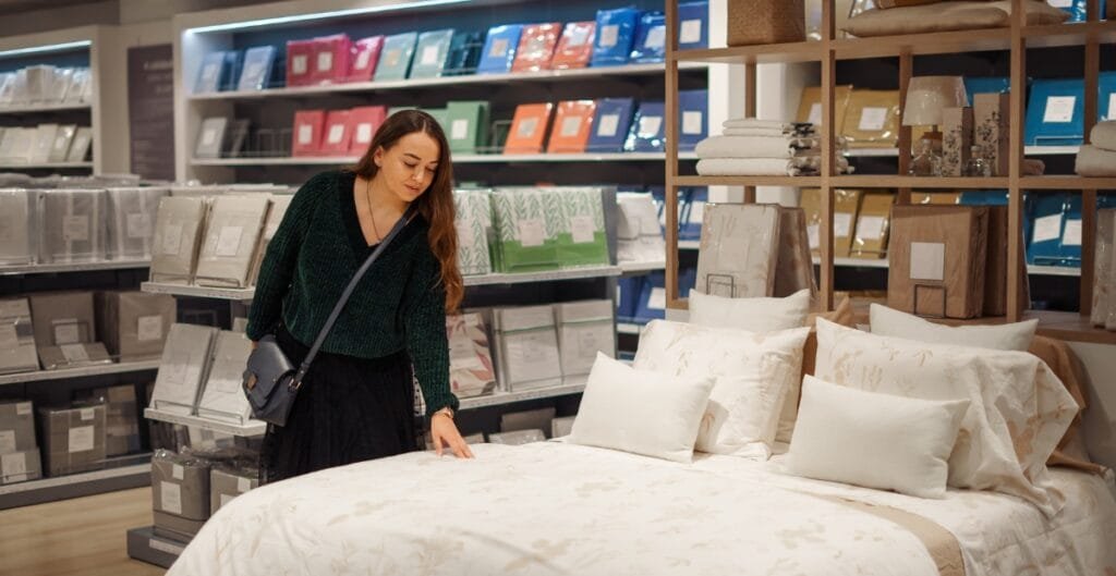 A woman is shopping in a home goods store, examining a bed with white bedding and multiple pillows. Shelves with colorful linens and packaged bedding are visible in the background.