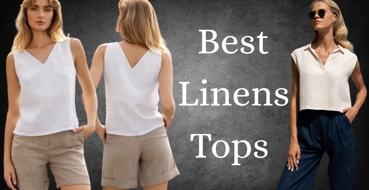 Two women are modeling linen tops in front of a dark textured background. The woman on the left is wearing a sleeveless white linen top with beige shorts, facing forward and slightly to the side. The woman on the right is wearing a short-sleeved white linen top with navy blue pants, standing with her hands in her pockets.