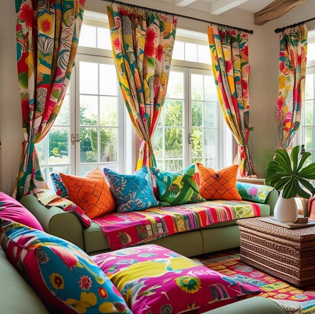 A vibrant living room features colorful, floral, and abstract patterned cotton print fabric yardage used for curtains, pillows, and upholstery, creating a lively, eclectic atmosphere. There is a green sofa with patterned pillows, large windows allowing natural light, and a potted plant on a textured side table.