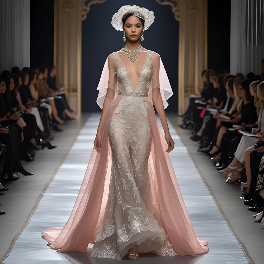 A model walking down a runway in a bridal gown made of delicate organza silk, featuring intricate lace details and a flowing, ethereal cape.