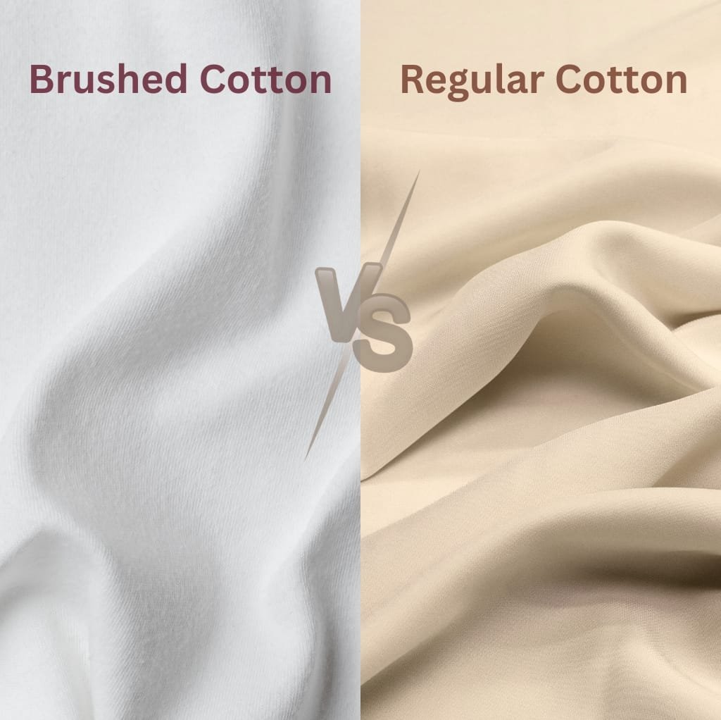 A comparison image showing two types of cotton fabric: on the left, soft, matte, and textured brushed cotton; on the right, smooth, plain, and shiny regular cotton.