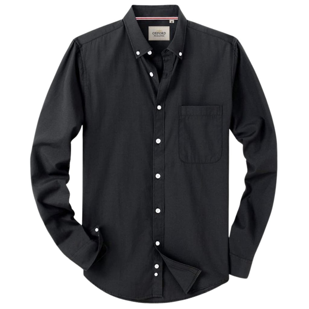  A black button-down shirt with a collar, long sleeves, and a chest pocket, suitable for business casual Fridays.