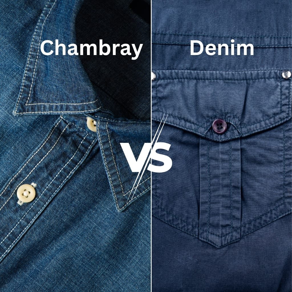 Close-up image comparing two shirt fabrics: on the left, a chambray shirt with lighter, softer woven fabric and visible white threads; on the right, a darker denim shirt with thicker fabric and prominent stitching on the pocket.